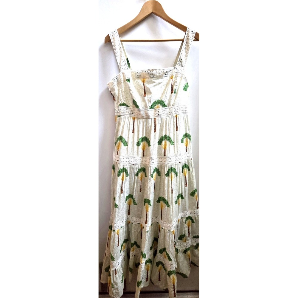 Calypso St. Barth Dress L Maxi Tiered Palm Trees Crochet Lace Straps Cream/Green - Picture 1 of 15